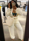 Fashion Rib Button Up Loose Blouse and PantS