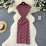 Chic Summer Dress Niche Retro Polo Collar Short-Sleeved Striped Dress Female Waist Temperament Open Long
