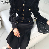 Golden Button Dress Women 2023 Long Sleeve Single Breasted Dress Women Clothing Business Elegant Office Ladies