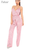 Women Sexy V Neck Sequins Long Sleeve Casual Belt Overalls Female High Waist Playsuit Elegant Ladies Party Club