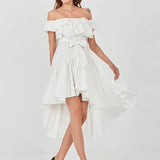 TWOTWINSTYLE Striped Ruffle Trim Irregular Hem Dress For Women Slash Neck Short Sleeve High Waist Blue Dresses Female 2022