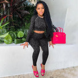 Summer Print Long Sleeves Slim Navel Top Leggings Set Bodycon Sexy Party Elegant Club Y2K Robe