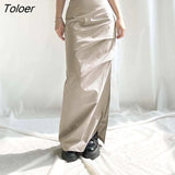 White Front Ruffle Drawstring Casual Long Skirts Women Back Streetwear With Pockets Low Waist Loose Preppy Cargo