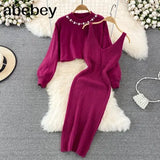 Beading Knitted Women Sets Loose Long Sleeves Sweater+ Solid Elastic Dress French Style Casual Two Piece