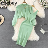Beading Knitted Women Sets Loose Long Sleeves Sweater+ Solid Elastic Dress French Style Casual Two Piece