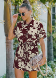 Printed Casual Turn-down Collar Short Sleeves Floral Print Belted Loose