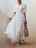 Summer New Women's Dress Fashion Temperament Sweet Bohemian Deep V Puff Sleeves Lace Hollow Waist Women's Long