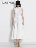 White Dress For Women Lapel Sleeveless Patchwork Folds Sashes Lace Up Dresses Female 2022 Summer Fashion