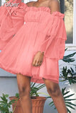Off Shoulder Ruffle Loose Beach Dress Women Casual Slash Neck Ladies Mini Dress Elegant Sheer Long Sleeve Mesh Party