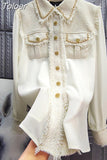 Blusas Elegant Shirts Women Mujer De Moda Korean Fashion Blouses Women Patchwork Tweed Shirt Vintage Loose Tops Female