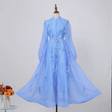 Spring Dress New Elegant Famous Color Nails Half High-Collar Lantern Sleeve Flowers With Large Skirt