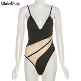 Puss Sexy Strap Bodysuit Women Deep V Neck Bodycon Mesh Patchwork Summer sleeveless Hipster wild Slim Clubwear Beach