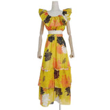 TWOTWINSTYLE Slim Print Two Piece Set Women Round Neck Short Sleeve Tops High Waist Midi Skirts Colorblock Sets Female
