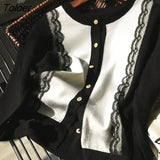 Knitted Lace Cardigans Loose Lace Jumpers Top Korean New Autumn Fashion Elegant Lace Patchwork Single Breasted