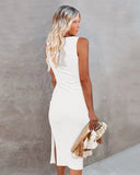 Elegant O-Neck Sleeveless Solid Hollow Out Slit Midi