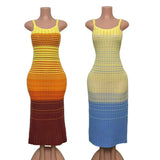 Retro Gradient Striped Knitted Dress Sleeveless Sling Skirt Slime-Skinny Sweater
