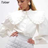 Ruffle White Women Blouse Peter Pan Collar Cotton Button Up Shirt Women Tops 2023 Fashion Loose Puff Sleeve Shirts