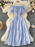 Women Floral Dress bohemian A-Line slash neck short sleeves dress summer vintage beach off shoulder Polka Dot