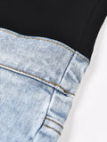 Fashion Women's Contrasting Color Patchwork Jeans Elastic Waist Strap Design Straight Denim Calf-Length Pants