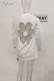 Fashion Women's T-shirt New Rund Neck Loose Back Hollow Out Diamond Short Sleeve White Tops Female Tide Summer 2023