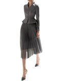 Fashion Women's 2 Pcs Set V-neck Long Sleeve Spliced Grey Blazer Loose High Waist Folds Skirt Suits Autumn 2023 New