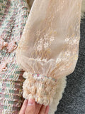 Runway Autumn Pearls Mesh Patchwork Tweed Dress Women's Long Sleeve Gorgeous Flower Embroidery Elegant Mermaid