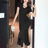 Pieces Outfits Women Chic Casual Folds Stretchy V-Neck Tops T-Shirt High Waist Mermaid Midi Skirt Femme Mujer Slim Sets
