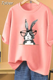 100% Cotton L-5XL Plus Size T Shirt Bunny Print O Neck Tshirt Short Sleeve Women Top Basic Summer Couple Solid T