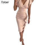 V-Neck Slim Office Lady Dress Ruffle Short Sleeve Bodycon Knee-length Dresses For Women 2022 Casual Summer Woman Work