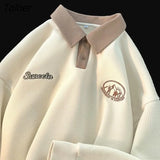 American Vintage Badge Embroidery POLO Shirt Preppy Sweatshirt for Men Waffle Cotton Winter Clothes Harajuku Students