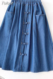 Vintage Denim Midi Skirt Women 2023 Spring Summer A Line HIgh Waist Knee Length Jeans Skirt Female with Pocket