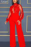 Fashion Mesh Sequin One Piece Jumpsuit Women Turtleneck Lantern Long Sleeve Romper Luxury High Waist Wide Leg Body