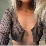 2022 Knitted Long Sleeve Crop Top Women 2022 V-Neck Open Front Sexy Woman T-Shirts Club Party Y2K Top Spring Autumn Cropped