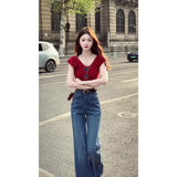 Atmosphere Feeling Hong Kong Style Wearing Red V-Neck Repair Short-Sleeved T-Shirt With Temperament Micro-Tipped Jeans Women Two