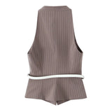 Temperament With Belt Striped Set 2025 Spring V Collar Vest High-Waisted Trousers