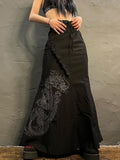 Gothic Mermaid Skirt Long Women Vintage Chinese Dragon Print High Waist Lace Up Slim Goth Black Maxi Skirt