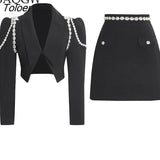 Rhinestoned Patchwork Skirt Set Women Short Suit Skirt High Street Crystal Diamond Decoration 2 Piece Set Party