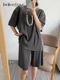 Loose Two Piece Set Womens Round Neck Short Sleeve Tops High Waist Shorts Solid Sets Female Fashion Clothing