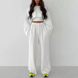 Toloer Hoodie Suit Female 2024 Fashion Sleeve Long Sleeve Crop Hoodie Strap Straight Tube Wide Leg Pants Three-Piece Set-Outfit
