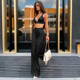Fashion Silky Satin Camis Crop Top and Pants 2 Piece Set for Women Matching Sets Outfits Sexy High Waist Pants