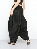 2023 New Spring Autumn High Elastic Waist Black Striped Big Pocket Wide Leg Loose Pants Women Trousers Fashion Tide