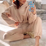 Loose Fleece Women's Pants Tracksuit Cropped Hooded Top And Drawstring High Waist Joggers Ladies Sports Suit 2022