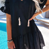 Casual Ruffles Big Hem Mini Dress Women 2022 Summer Short Sleeve V-neck Lace-up White Black Red Beach Dresses For