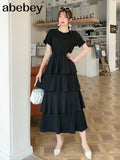 New Summer Temperament All-match O-neck short sleeve Dress waist slim multi-layer Ruffles cake