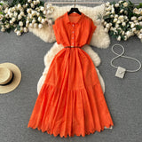 Design Buckle Loose Collar With Long Dress Women Summer Waist 100 Folded Shirt Collar Splicing Long