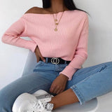 Women's Spring New Sexy Fashion Long-Sleeved Knitted Shirt Slanted Shoulder Sweater Top