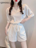 Summer Fashion Casual Tracksuit Women's Shorts Sets Elegant Thin Short Sleeve Shirt Wide Leg Shorts 2 Piece Set
