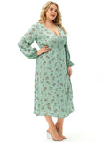 Elegant Plus Size Print V Neck Long Sleeve Slit Long