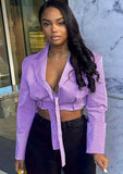 Fshion Purple Leather Long Sleeve Cropped Jacket with