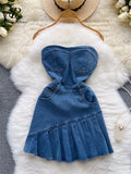 Strapless Denim Women Irregular Dress Backless Zipper Summer 2022 Pocket Sexy Club Ladies A Line Fashion Mini